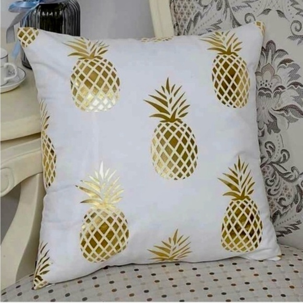 🥳‎ 5/$25 Throw Pillow Case/Cover Metallic Gold Foil Pineapple on White 17”x17”